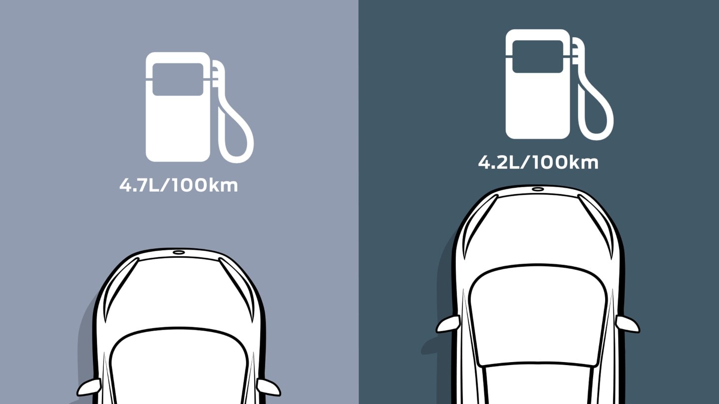 Two cars side by side with fuel graphic